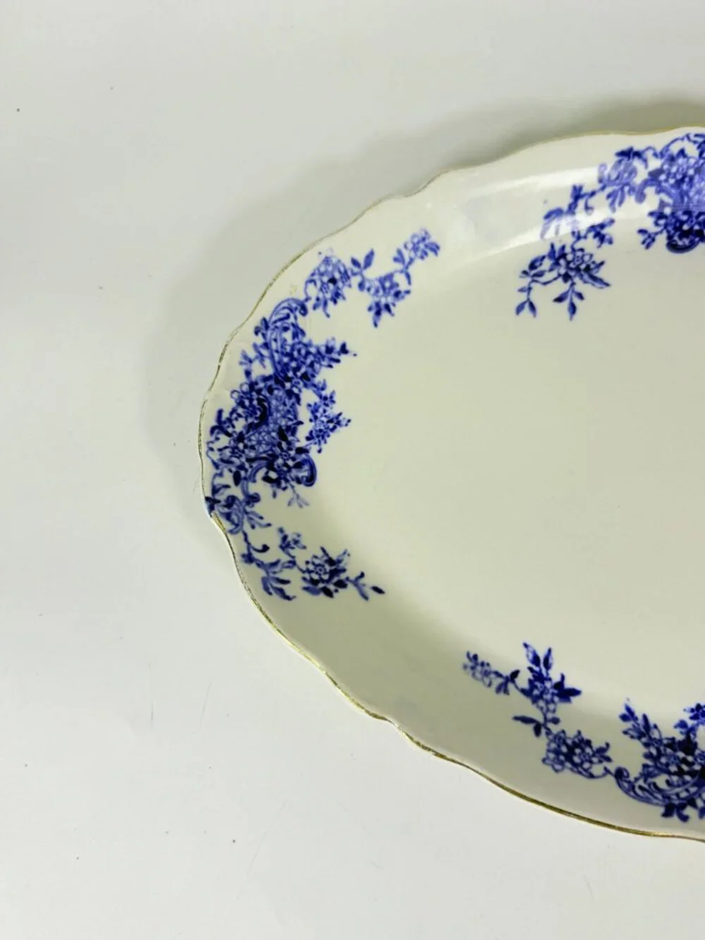 Transferware Rimmed Serving Platter Flow Blue Cresent Utophia Alpha Blue and Whi